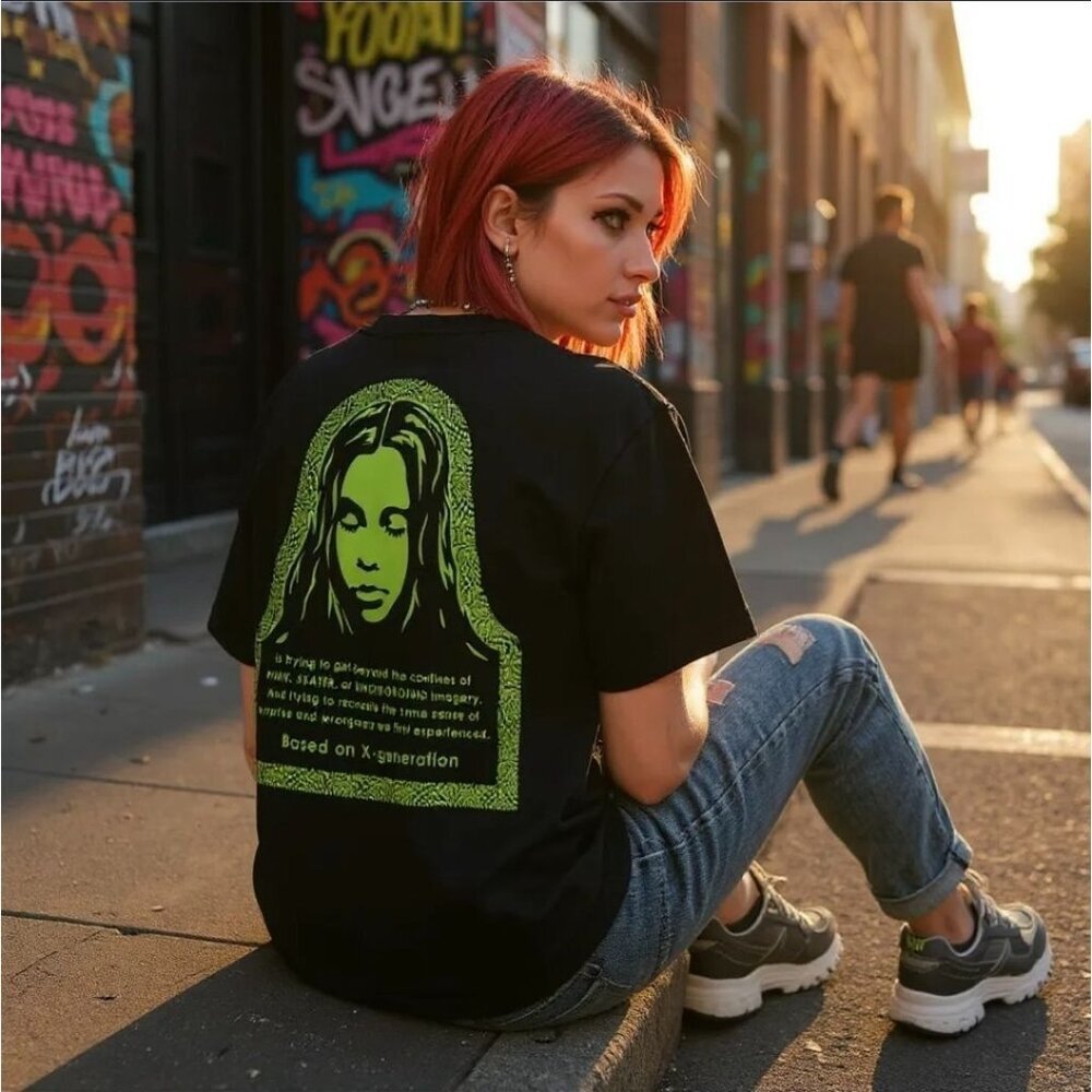 X-Girl Cyberpunk Face Logo Graphic Tee Black Lime Green Streetwear Shirt Sz M